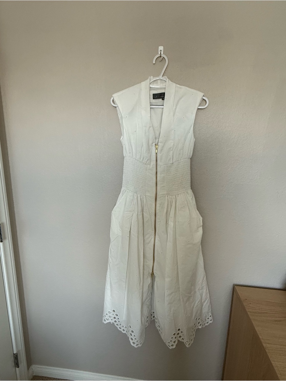 Anthropologie White Eyelet Midi Dress with Gold Zip Detail